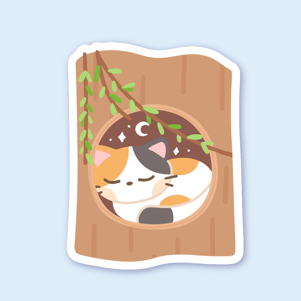 Sleepy Tree Stump Cat Sticker