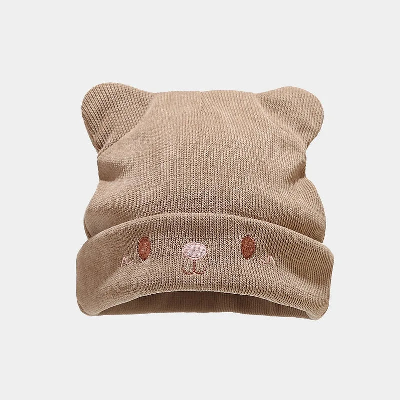 Cat Face Beanie - Khaki